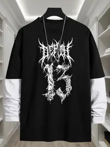 Gothic Skull Number 13 Halloween Element Geometric Loose Long Sleeve Round Neck Graphic T-Shirt, Fashion Streetwear Casual Style, Comfortable Trendy Top Gift