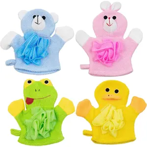 , 4 Pcs Cartoon Terry Cloth Bath Sponge Mitts Puppet Cute Hand Puppets Washcloth Mitt Bath Glove