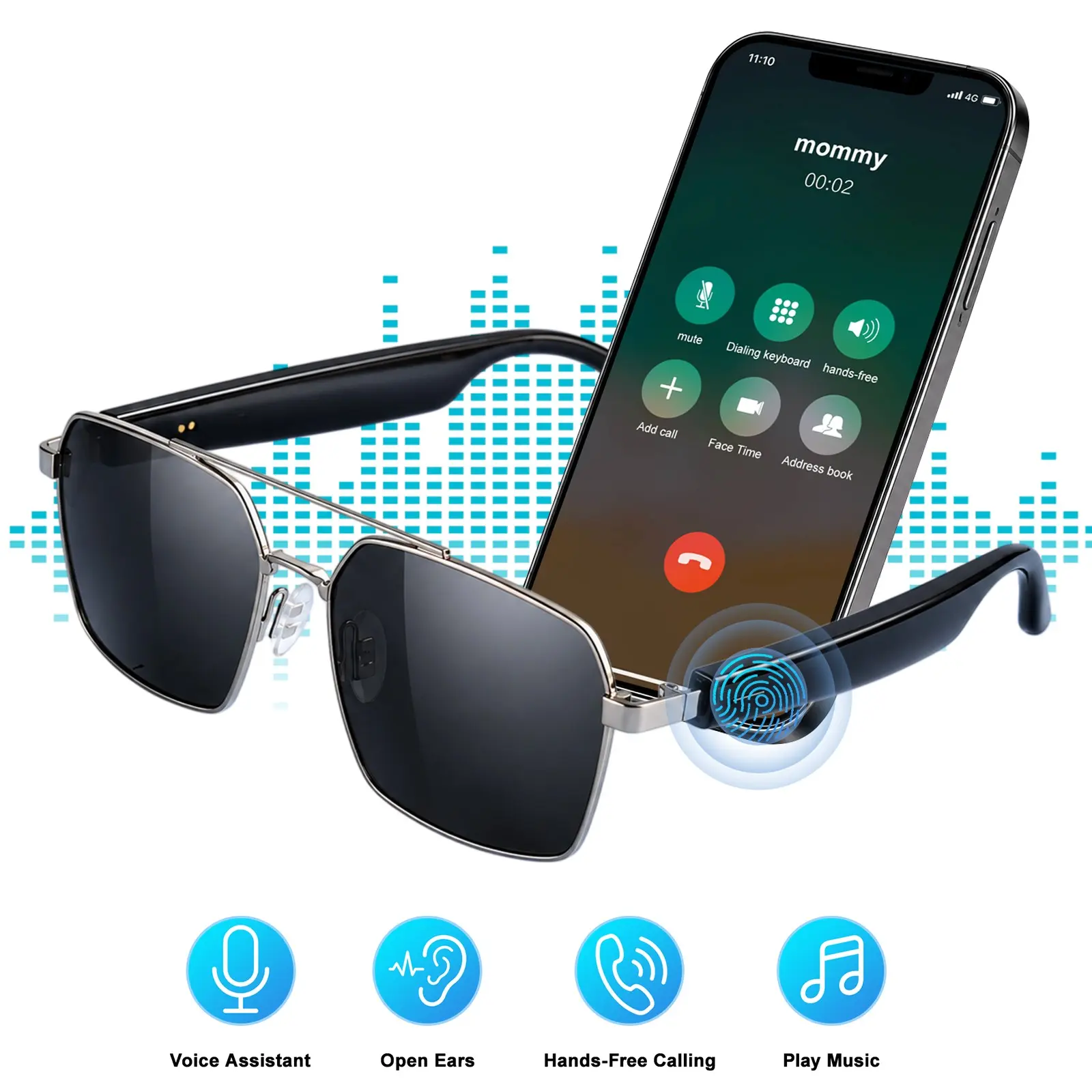 Smart Bluetooth Sunglasses with Open-Ear Audio, Wireless Music Glasses, Hands-Free Calling, UV400 Protection, Voice Assistant Sunglasses for Driving Cycling Running, Wearable, Wireless Headphone Glasses