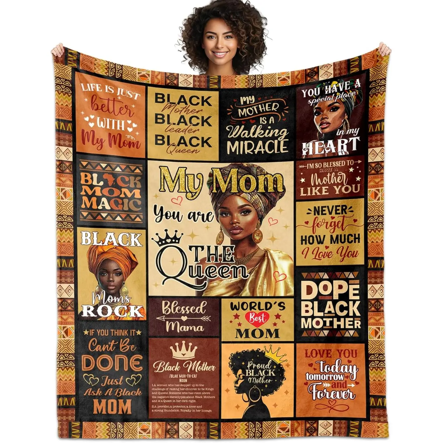 African American Mom Afro Encouragement Blanket (60x50 in), Breathable All-Seasons Cartoon Blanket for Adults, Black Mama Birthday & Mother's Day Inspirational Gift