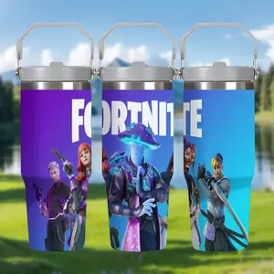 1pc 30oz Stainless Steel Insulated Mug, Fortnite Cartoon Game Character Printed Mug, with Handle and Straw, Car Mug, Suitable for Outdoor Camping, Personalized Gift for Birthdays/Holidays
