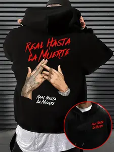 Men's "Real Hasta La Muerte" Graphic Hoodie, Hand Gesture Print Pullover, Edgy Urban Streetwear Sweatshirt for Daily Wear