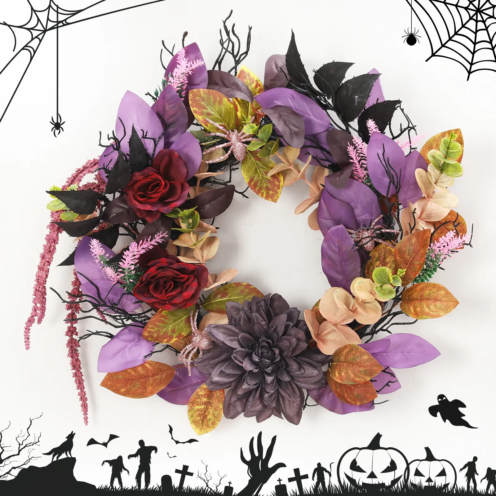18 Inch Halloween Rose Wreath, Front Door Decor with Purple & Red Roses, Seasonal Fall Wreath, Indoor Outdoor Wall & Window Ornament