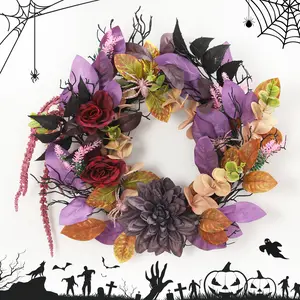 18 Inch Halloween Wreath, Front Door Decor with Purple Red Roses, Fall Wreath for Indoor Outdoor Wall & Window Decoration