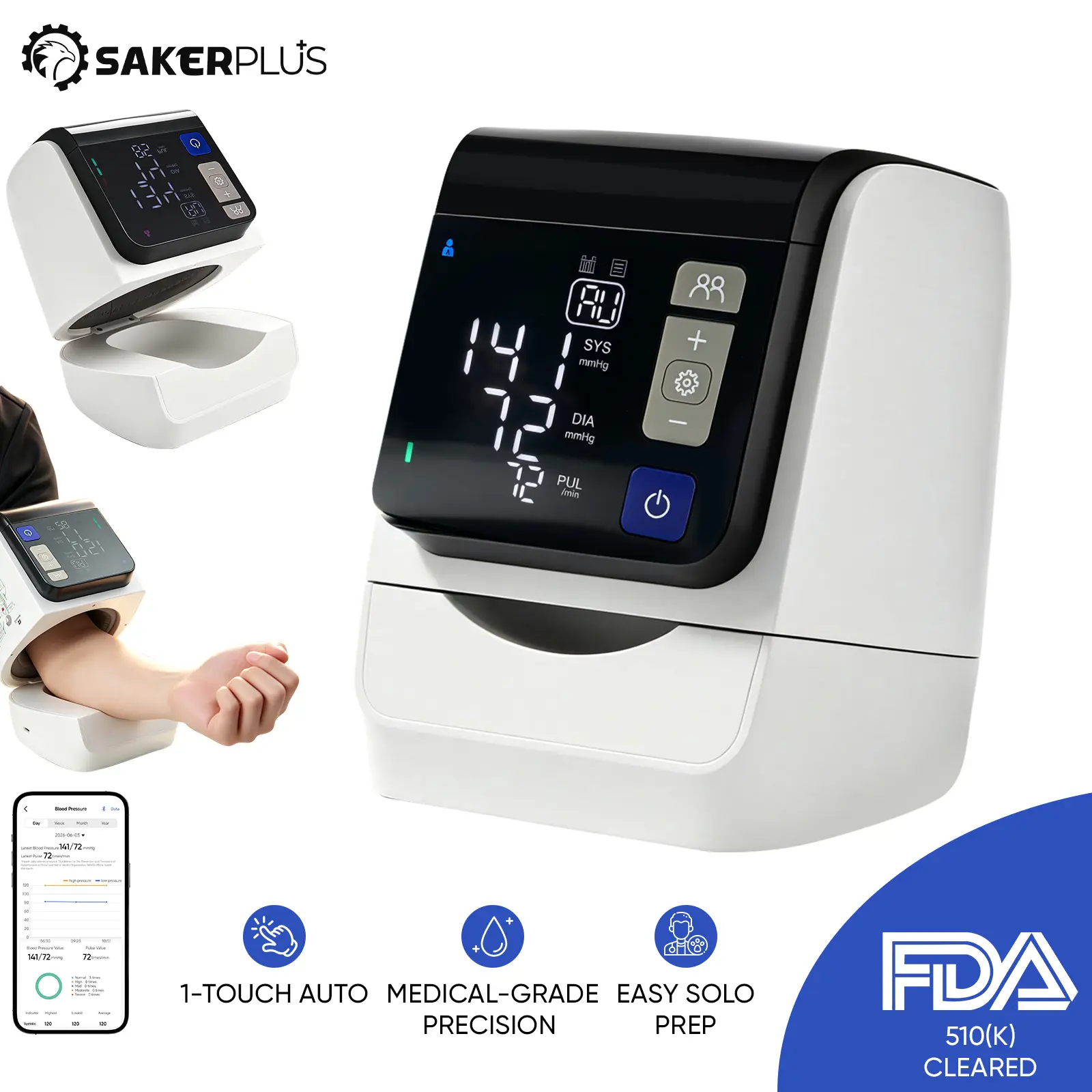 Sakerplus Portable Upper Arm Blood Pressure Monitor - Automatic, No-Wrap Auto-Fit (8.5"-15.7" Fit), Large Display for Home Healthcare Use