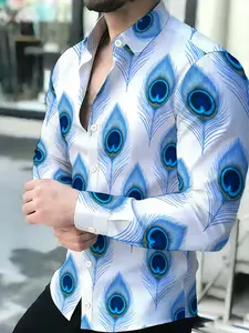 White Base Blue Peacock Feather Printed Men's Luxury Shirt