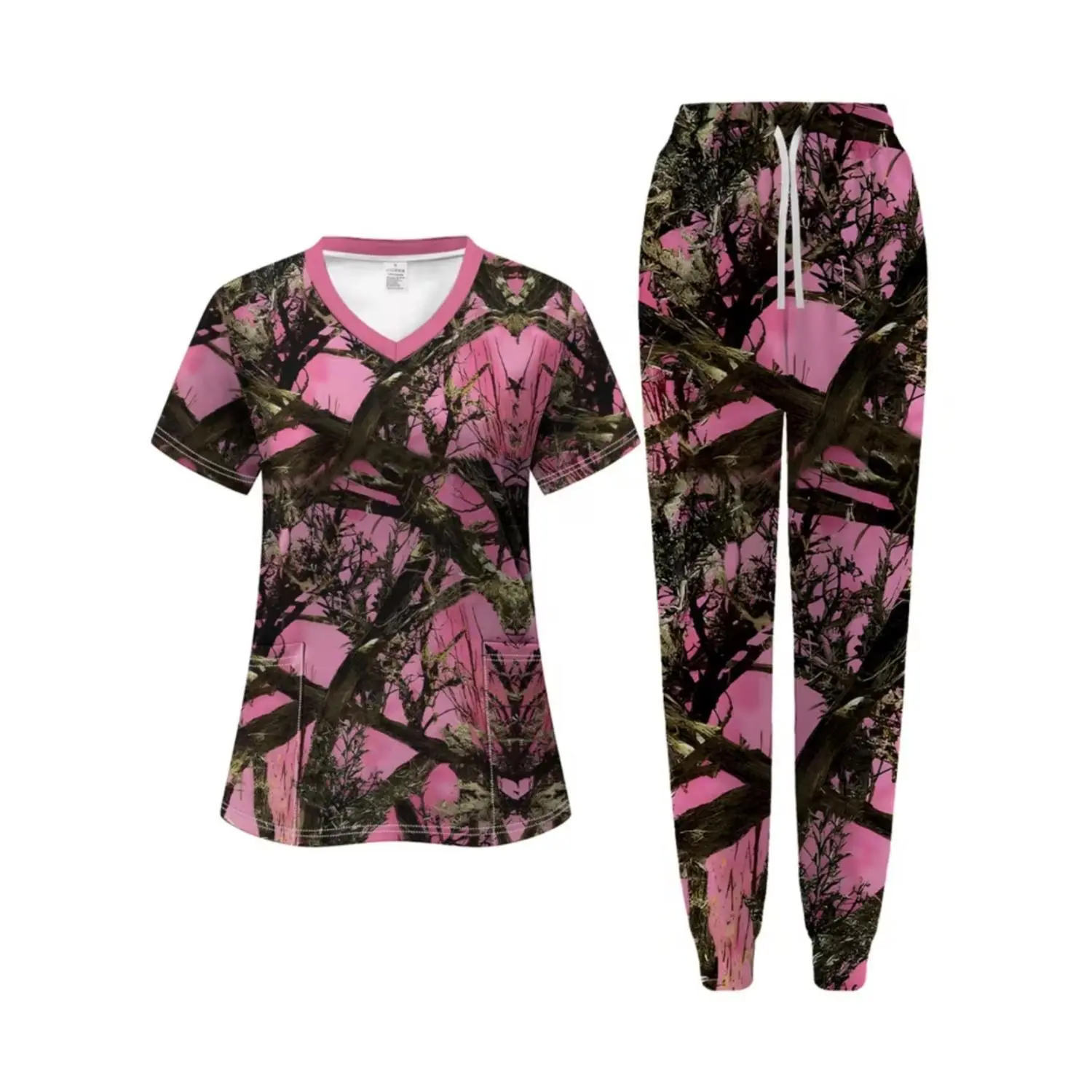 Pink Camouflage Staff Set: Sweet & Cool Breathable Scrub Uniform - V-Neck Pocket Shirt & Jogger Pants with Hand Sanitizer