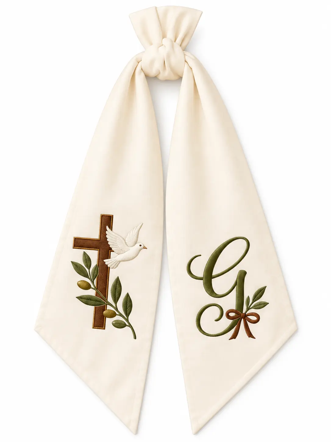 Personalized Christian Wreath Sash, Custom Text Embroidered Cross and White Dove Monogram Bow, Ivory Olive Branch Faith Inspired Front Door Decoration, Religious Easter Baptism Gift and Christian Home Decor