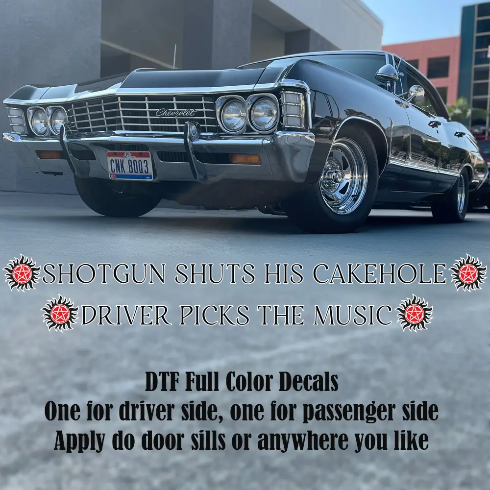 Supernatural Car Decals, Driver Picks the Music Shotgun Shuts His Cakehole, Funny TV Quote Stickers, Geeky Car Decor