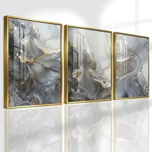3 Counts Aluminum Alloy Framed Painting, Abstract Gray Gold Fluid Art Pictures, Home Decoration For Living Room, Bedroom, Office, Restaurant, Hallway Wall Decor, Odorless Print Artwork, Luxury Perfect Gift For Friends And Family