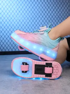 Children's sports shoes with wheels. They have a rechargeable glowing sole, LED Shoes. The wheels are detachable, allowing for both walking and sliding. The shoes are made of mesh fabric and are suitable for all seasons.