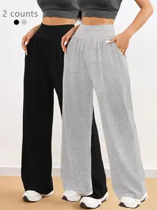 Women's Solid Pocket Wide Leg Sports Pants, Gym Sportswear Bottoms, Casual Comfy Breathable Trousers for Yoga Gym Workout Running, Ladies Sportswear for All Seasons