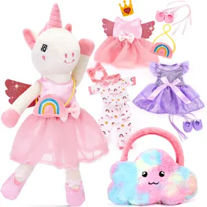 hahaland Unicorns Toys for Ballerina Doll Stuffed Toys for Girls, Ballet Dress up Doll, Pretent Doll Toy 3 Set Clothes with Plush Bag, Kids Toy Birthday Gifts for 2-4 6 Year Old Cuddly Outfits
