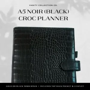 Vanity Collection Co. A5 Planner Croc Noir Gold or Silver Rings Black Ebony Agenda with Top Back Pocket & Leaflet