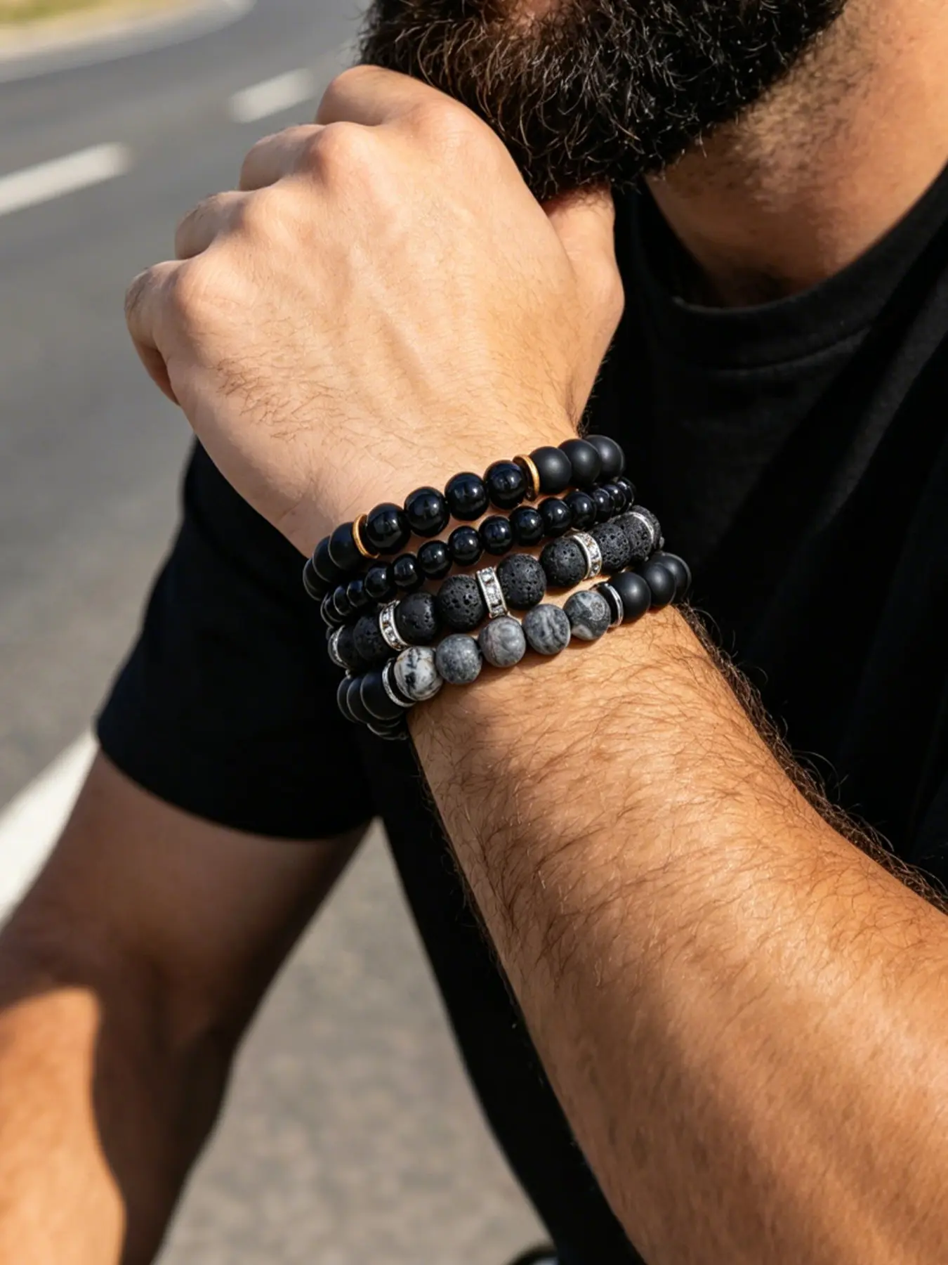 4pcs Punk & Hip Hop Style Beaded Stackable Bracelets, Mixed Bead Elastic Layered Design, Perfect for Men's Daily Wear, Trendy Punk Style Jewelry