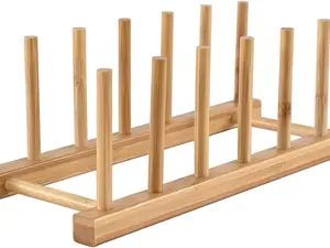 Bamboo Wooden Dish Rack–Vertical Plate & Lid Organizer for Kitchen Cabinet