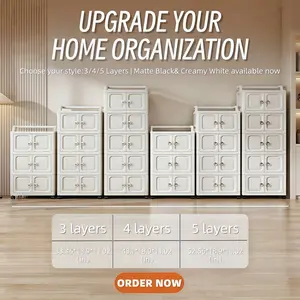 Foldable Stackable Storage Cabinet with Handle & Wheels, Collapsible Plastic Organizer with Double Doors & Lockable Casters, Modular Rolling Storage Unit, Tool-Free Assembly & Wall-Mountable Option, Creamy White