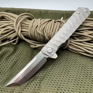 Premium Titanium Alloy Folding Knife, D2 Steel Tanto Blade EDC Pocket Knife with Ball Bearing Fast Open, Lightweight Utility Knife for Outdoor Camping Hiking