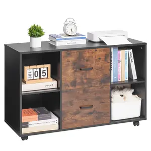 fathersdaygift VEVOR 2 Drawer Wooden File Cabinet, Mobile Filing Cabinet with Open Shelves, Lateral Rolling File Storage with Lockable Wheels, Modern Free Standing Printer Stand for Home, Office, School, Black