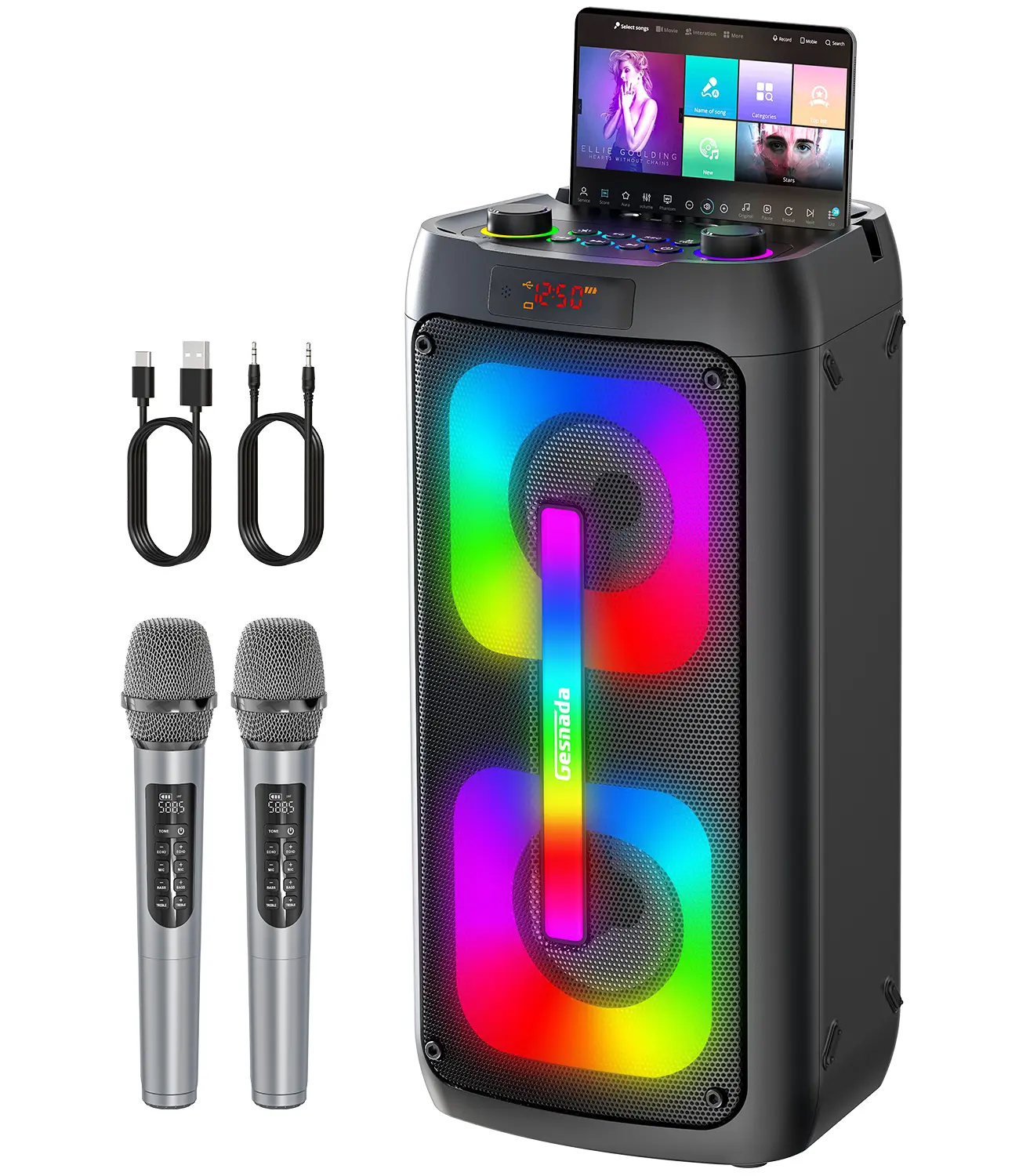 Portable Bluetooth Speaker Karaoke Machine with 2 Wireless Microphones, Disco Lights, PA System, Bass & Wireless Electronic Music Playing Speakers - Ideal for Big Parties, Outdoors, Gifts for Music Lovers, Speaker Bluetooth