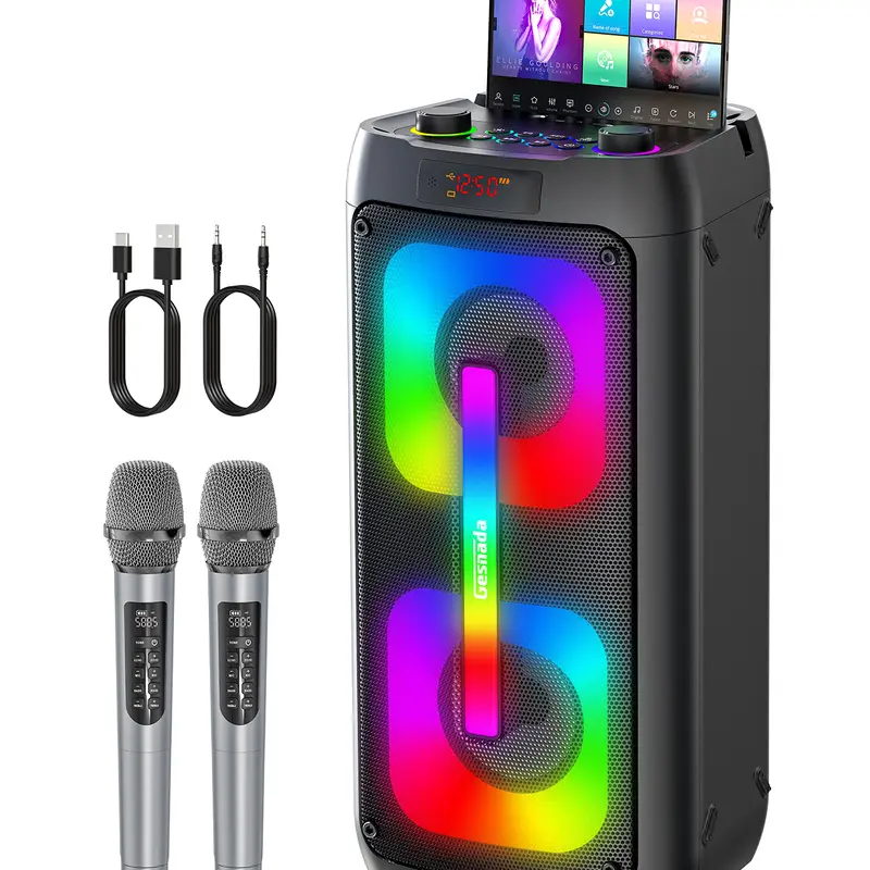 Portable Bluetooth Karaoke Audio Speaker with 2 Wireless Microphones, Rechargeable PA System, HiFi Sound, Disco LED Light, Bass, Aux Input, Electronic Music Playback - Ideal for Big Parties, Outdoors, Gift Ideas for Music Lovers, Tablet Compatible