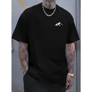 Men's Mountain Graphic Cotton T-Shirt - Casual, Comfy, Breathable Summer Round Neck Short Sleeve Crewneck Top for Daily Outdoor, Home Wear; Classic Black Menswear Streetwear Print Tee for Couple Matching-DK.X