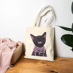 Canvas Reusable Black Cat with Pink Pearl Necklace Tote Bag | Cute Gothic Kitty Art