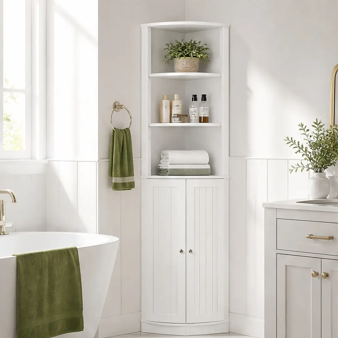 ARCH 67-Inch Sturdy Corner Storage Cupboard, Freestanding Narrow Waterproof MDF White Organizer with 2 Doors, Adjustable Corner Shelves, Right-Angle 39.20 lb Unit, Anti-Tipping, Assembly Required, for Bathroom, Kitchen, Flush Installation