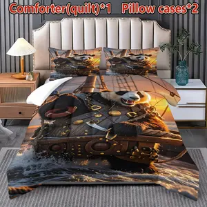 3pc Panda Pirate Pattern Quilt Set (1 Quilt + 2 Pillowcases), Soft Breathable, Digital Print, Suitable for Bedroom Dorm Home Use
