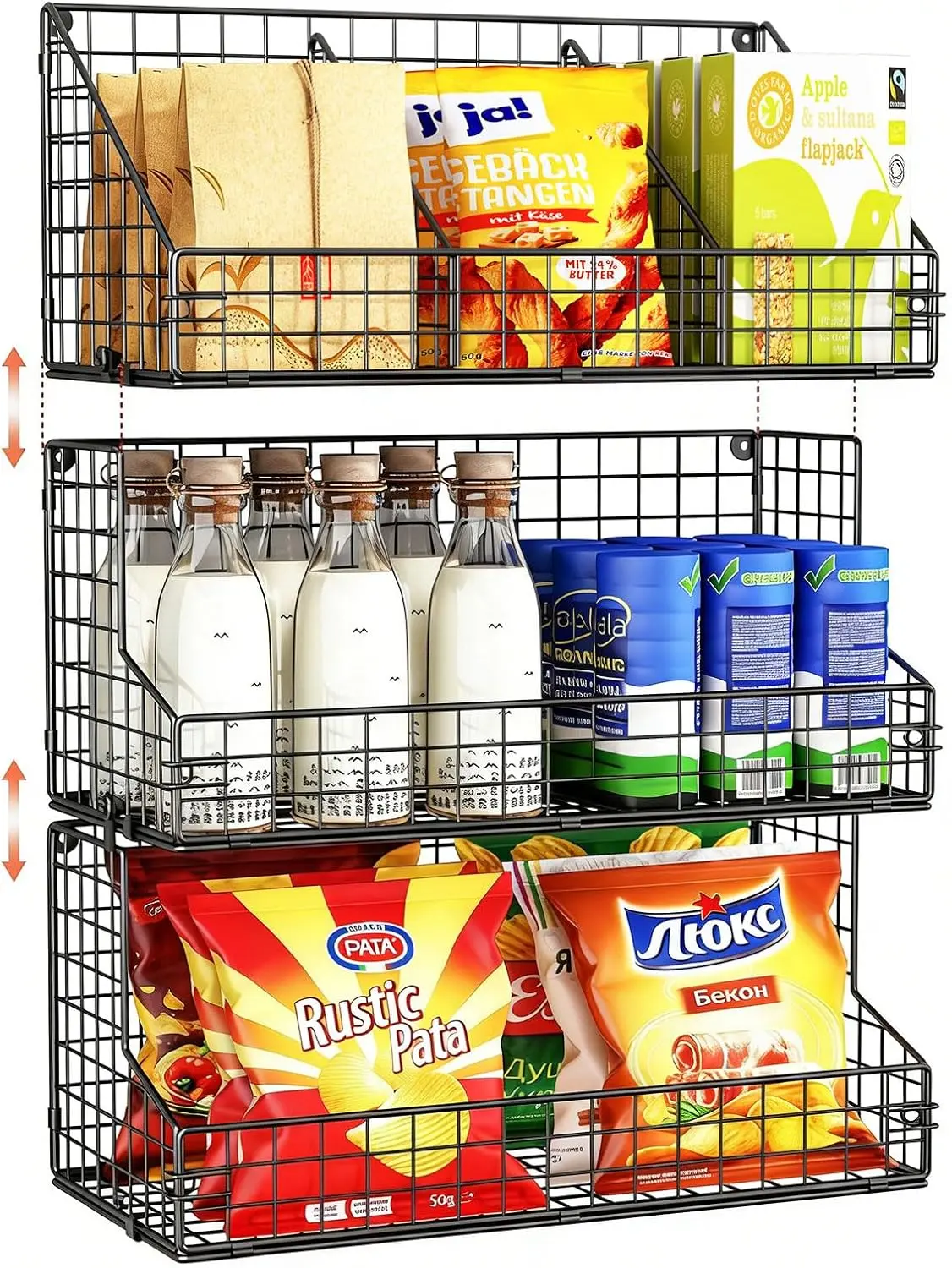 3 Tier Large Stackable Snack Organizer - Versatile Wall Mounted Wire Storage Basket with Divider for Candy Chip Cans Bars - Ideal for Pantry Office Home     pantry organization