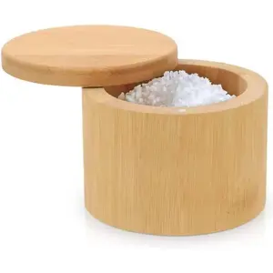 Salt Cellar, Bamboo Salt Container with Lid, Solid Salt Box Holder with 360° Swivel Lid for Countertop to Store Pepper Spice, Elegant Flaky Salt Containers Bowl on Your Kitchen, 6OZ