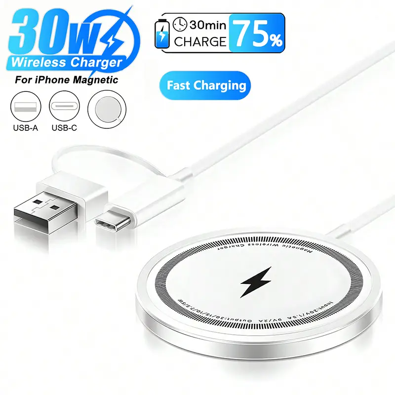 30W Magnetic Wireless Charger Compatible With IPhone 16 12 13 14 15 Pro Max Plus Mini USB Type C Fast Charging Phone PD Fast Charger Cable Accessories