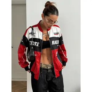 Spring Bomber Jacket Long Sleeve Zip Up Racing Jackets Color Block Y2k Outerwear Vintage Streetwear