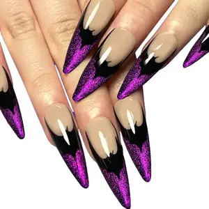MysticGlam Luxury Halloween Press On Nails Purple Cat Eye French Tips with Holographic Bats Galaxy Glow in The Dark & Crystals 24pcs Long Coffin Xm-98-19 TikTok Viral Solid Color Halloween Skeleton Square Press-On Nails nail artist reusable false tiktoksh
