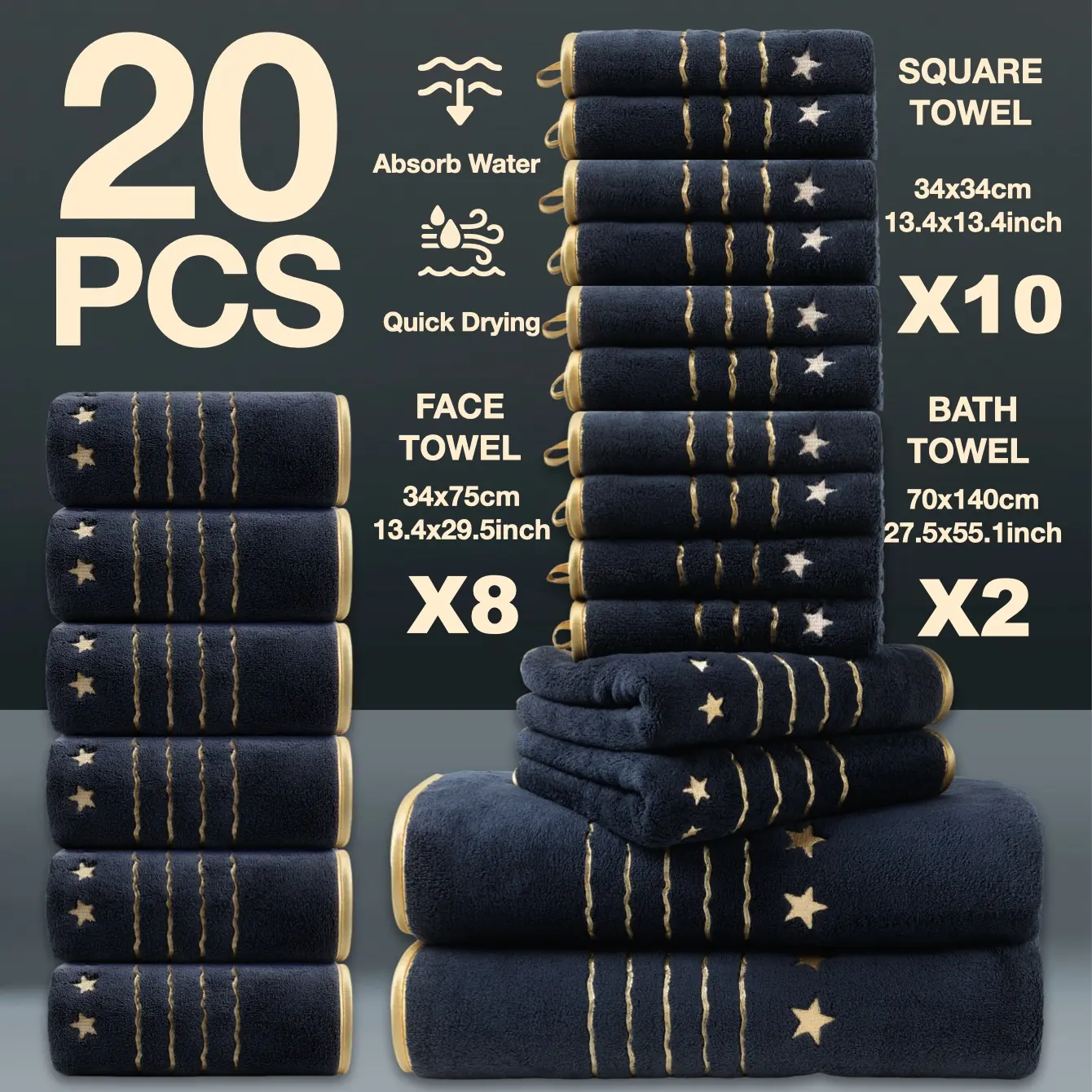 20-Piece Gold Thread Embroidered Bath Towels Set, High-Grade Striped Modern Bathroom Accessories, Quick-Dry Super Absorbent Microfiber