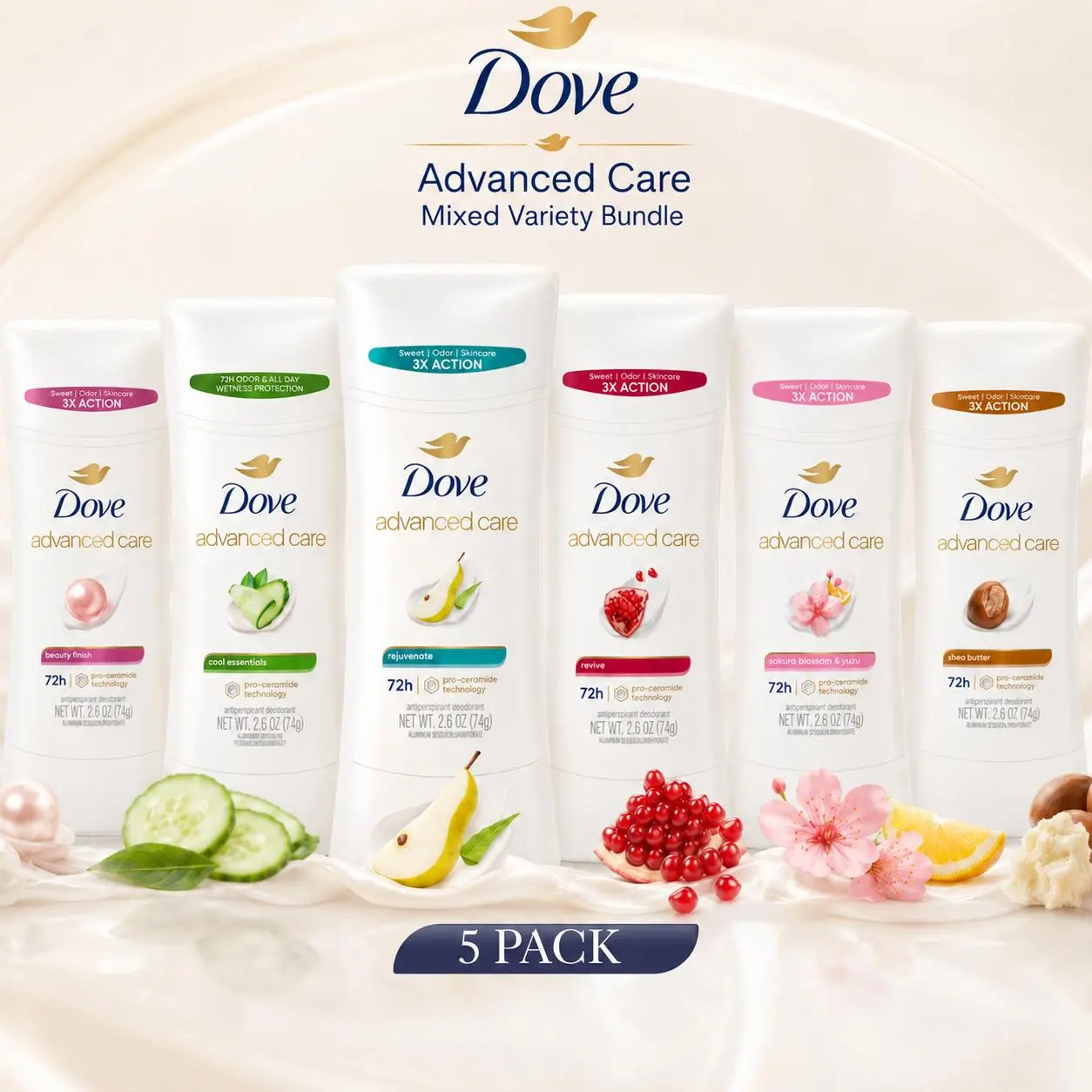 Dove Advanced Care Deodorant Stick Mixed Variety Bundle 5 Pack- Antiperspirant 2.6oz (74g) Assorted Scents for Women, Fragrances, Body Care