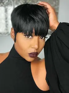 Human Hair Wig Short Pixie Cut Wigs With Bangs Wigs for Women Black 99J 4# Color Full Machine Short Straight Wigs Halloween Party