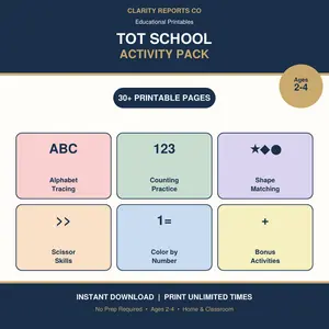 Tot School Printable Activity Pack | 30+ Pages | Alphabet, Shapes, Counting | Ages 2-4
