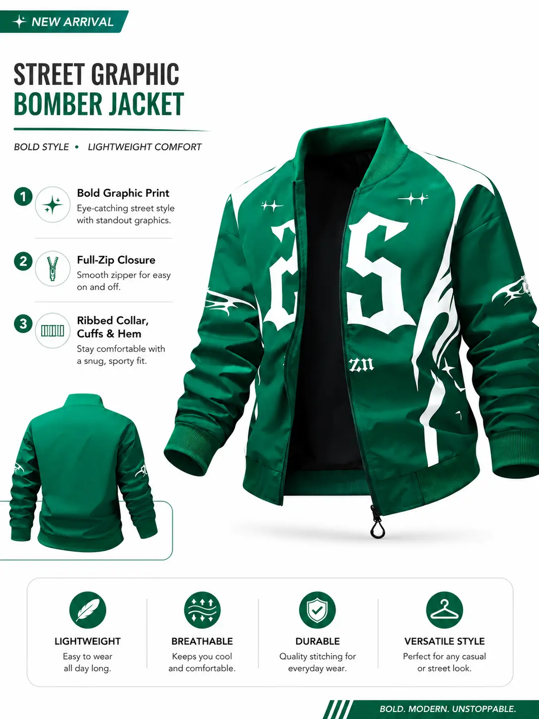 Men's casual aviator jacket with vintage print and stand collar