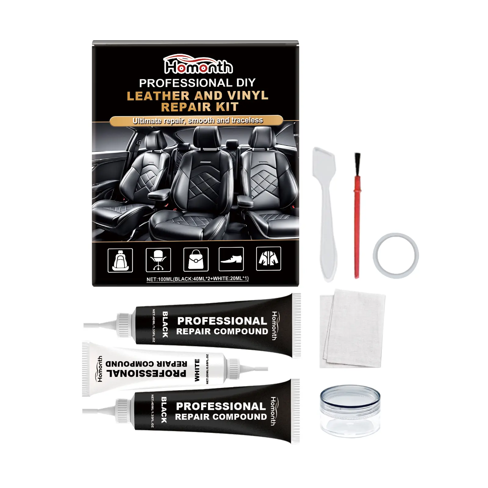 Homonth Leather Repair Kit - Professional DIY Solution for Car Seats & Furniture, Fix Cracks & Tears with Color Matching, Complete Restoration Kit for Vinyl & Leather Surfaces, 7-Piece Kit with Repair Paste, Applicators, Backing Cloth, and Mixing Tools