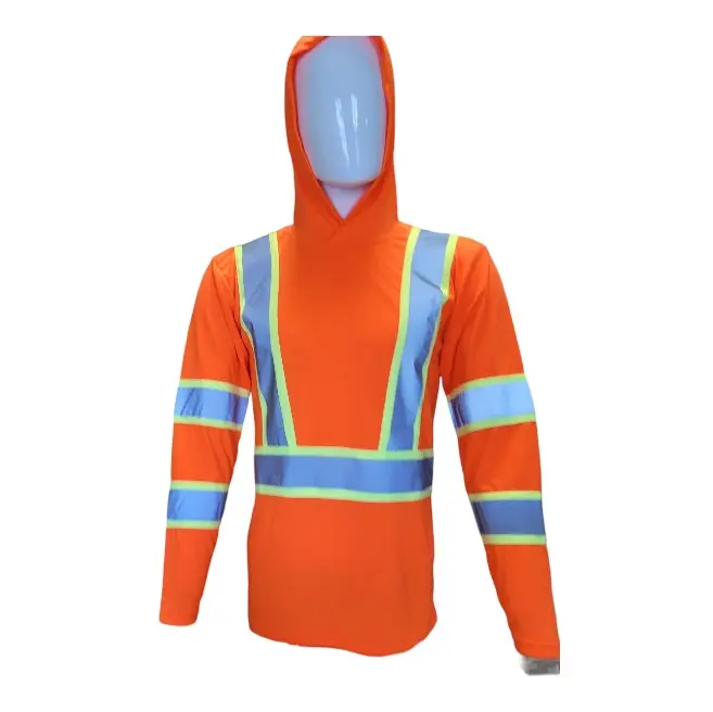 Orange Long-Sleeve Hooded High Visibility Safety Shirt with Reflective Tape, Polyester Mesh, Comfortable Fit, Durable Materials - Work Apparel for Home Improvement, Security Tasks