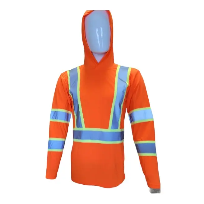High Visibility Orange Long-Sleeve Polyester Mesh Hooded Safety Shirt - Reflective Tape, Fitted Comfort, Durable Materials, Hooded Head Protection, Ideal for Home Improvement, Security Tasks