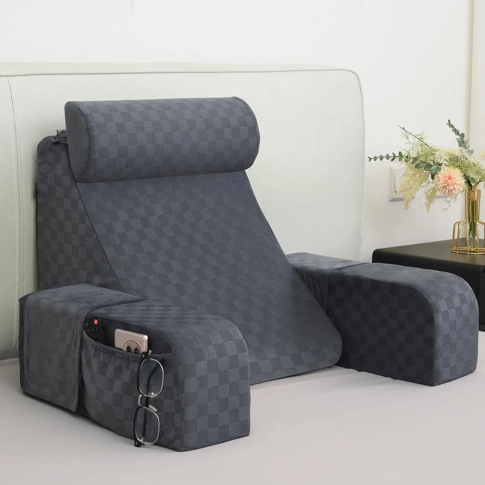 Reading Pillow for Sitting in Bed Adult,Back Pillow for Sitting Up,Backrest Support Pillow with Arm Rest,Bed Chair Pillow with Big Pockets for Gaming,