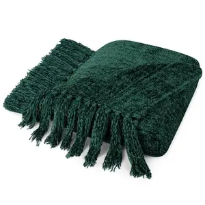 PAVILIA Chenille Throw Blanket with Woven Knitted Tassel Fringe for Couch, Living Room Decor Bed, Emerald Green/Twin - 60x80, St Patricks Day Gift
