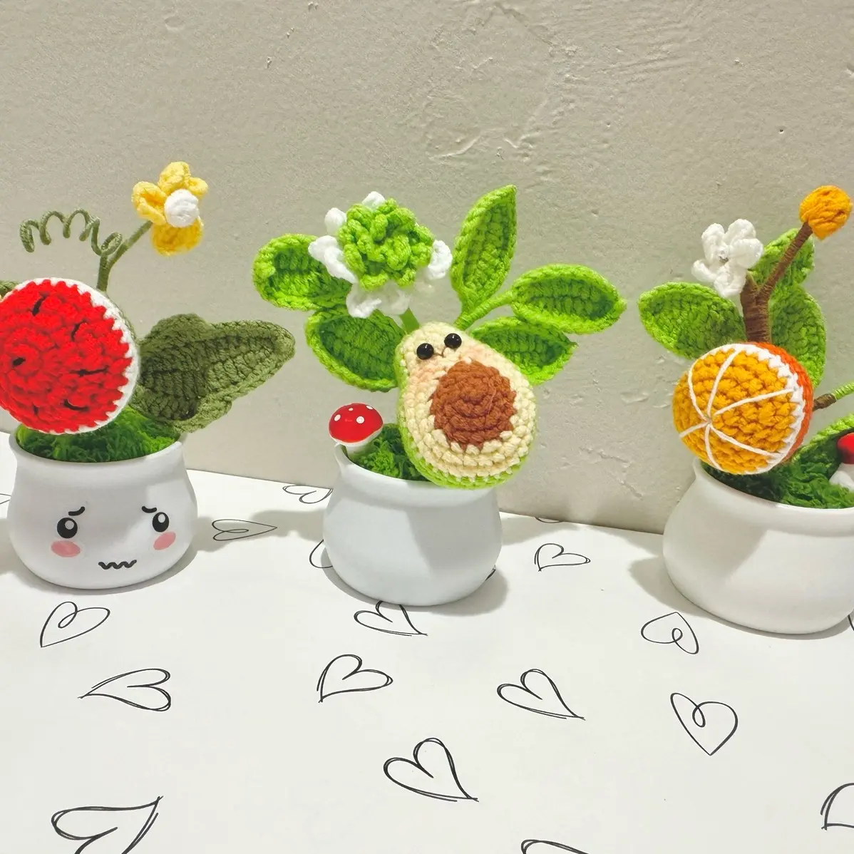 Handmade crochet avocado orange watermelon mini pot, fruit flower pot