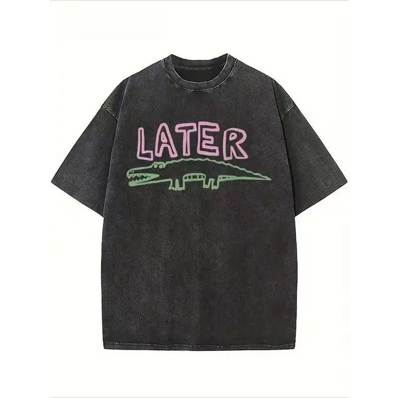 Women's Cute Graphic Tee with Retro 'Later Gator' Print, Distressed Washed Cotton Short Sleeve Top, Classic Unisex Oversize Fit, Shortsleeve, Fitted, Animal, Fabric