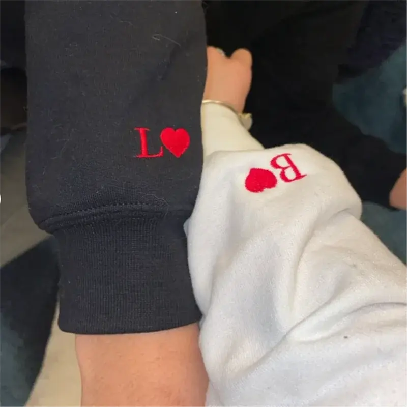 Custom Matching Couple Hoodies Personalised Wedding Anniversary Initial Heart Embroidered Sweatshirt Gift For Him And Her