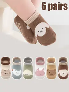 6 Pairs Kids Socks, Baby Toddler Non-Slip Indoor Floor Socks, Adorable Cartoon Animal Design, Unisex Children Anti-Skid Socks for Boys & Girls