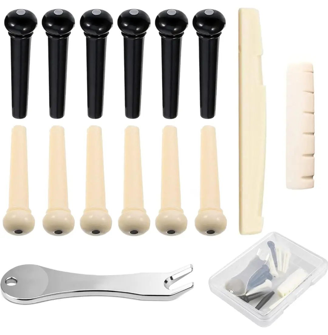 12 Pcs Acoustic Guitar Bridge Pins with Bridge Pin Puller Remover & Guitar Bridge Saddle Nut, Guitar Pegs Replacement Parts and Accessories