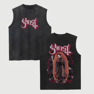 Ghost Band Unisex Vintage Washed Cotton Vest, Retro Band Print Sleeveless Shirt, Casual Regular Fit, Perfect Boyfriend Gift